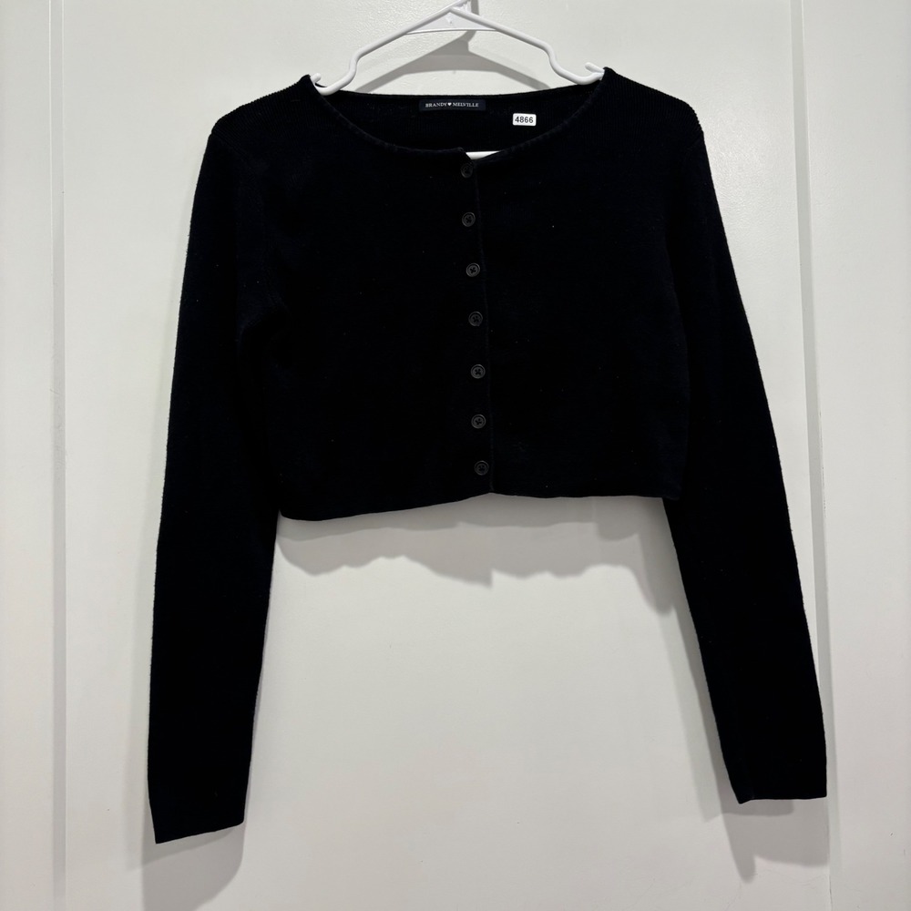 Brandy Melville Black Cropped Cardigan Ribbed Knit Button Front Sweater